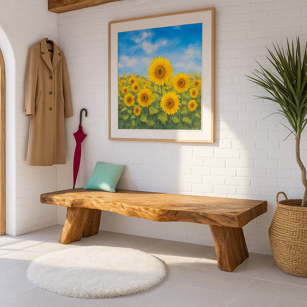 Solid Wood Entryway Bench with Sculptural Legs, Handmade Rustic Hallway Seat