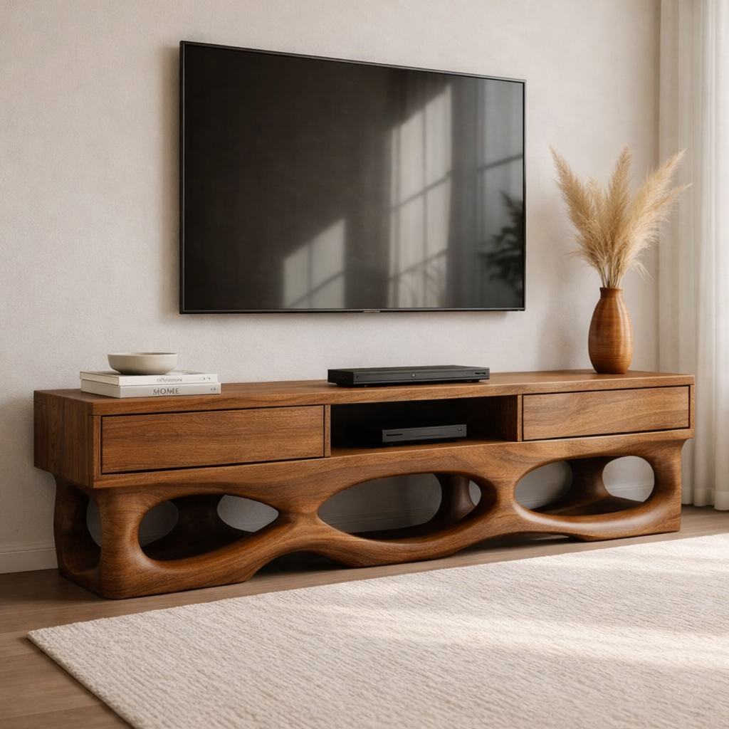 Solid Wood TV Cabinet with Sculptural Base and Storage Drawers