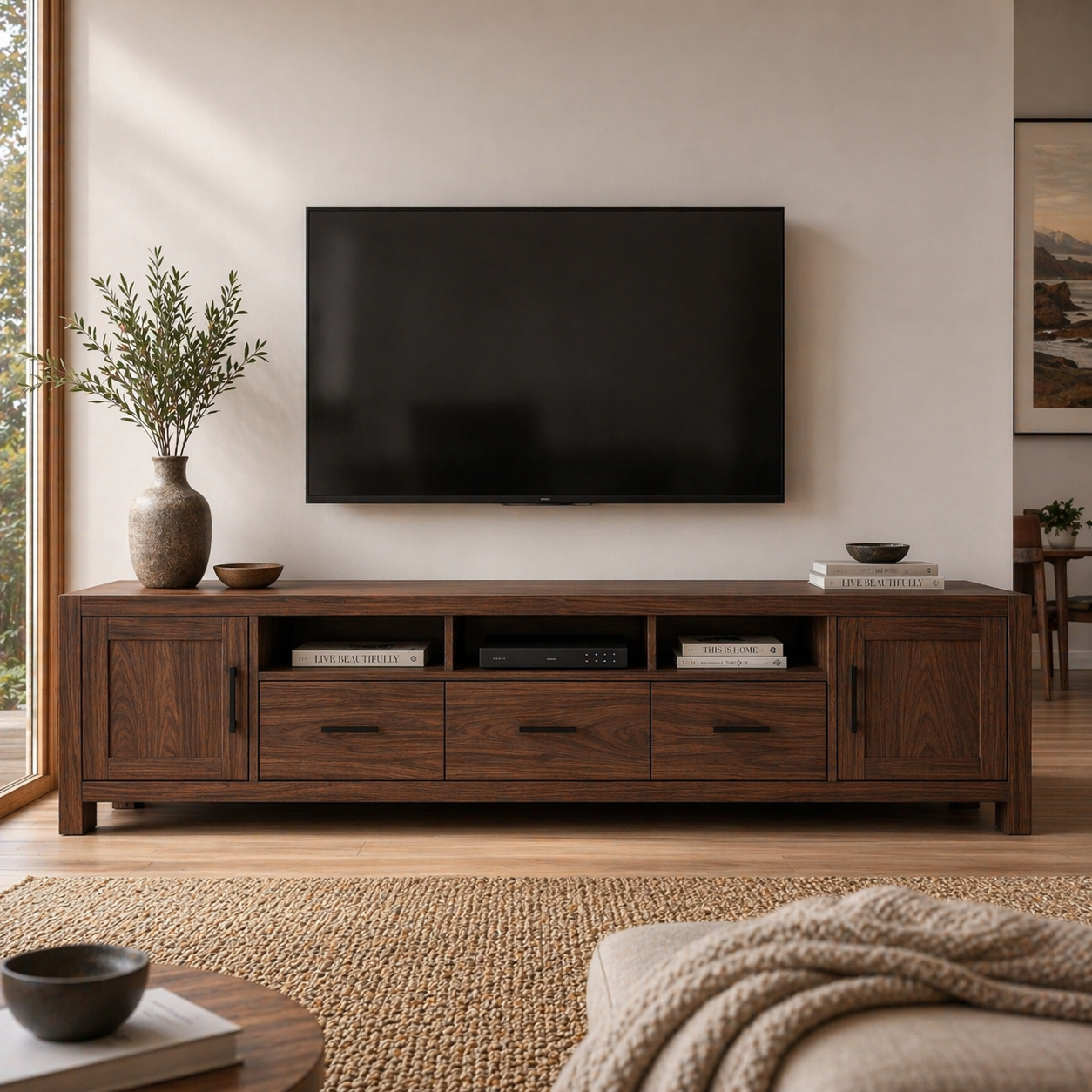 Solid Wood Media Console with Drawers, Modern TV Stand with Storage Cabinets