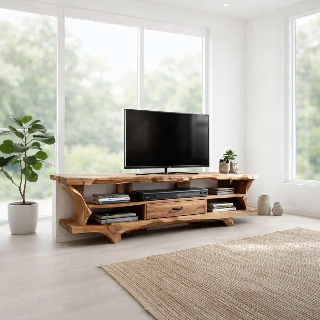 Solid Wood TV Console with Live Edge – Rustic Modern Media Stand with Storage