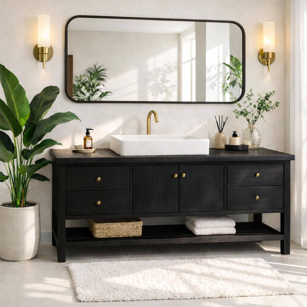Rustic Bathroom Vanity with Open Shelves and Elegant Brass Faucet