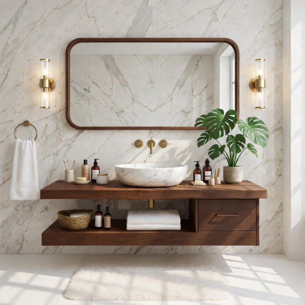 Floating Vanity with Natural Wood and Marble Sink, Modern Bathroom Design