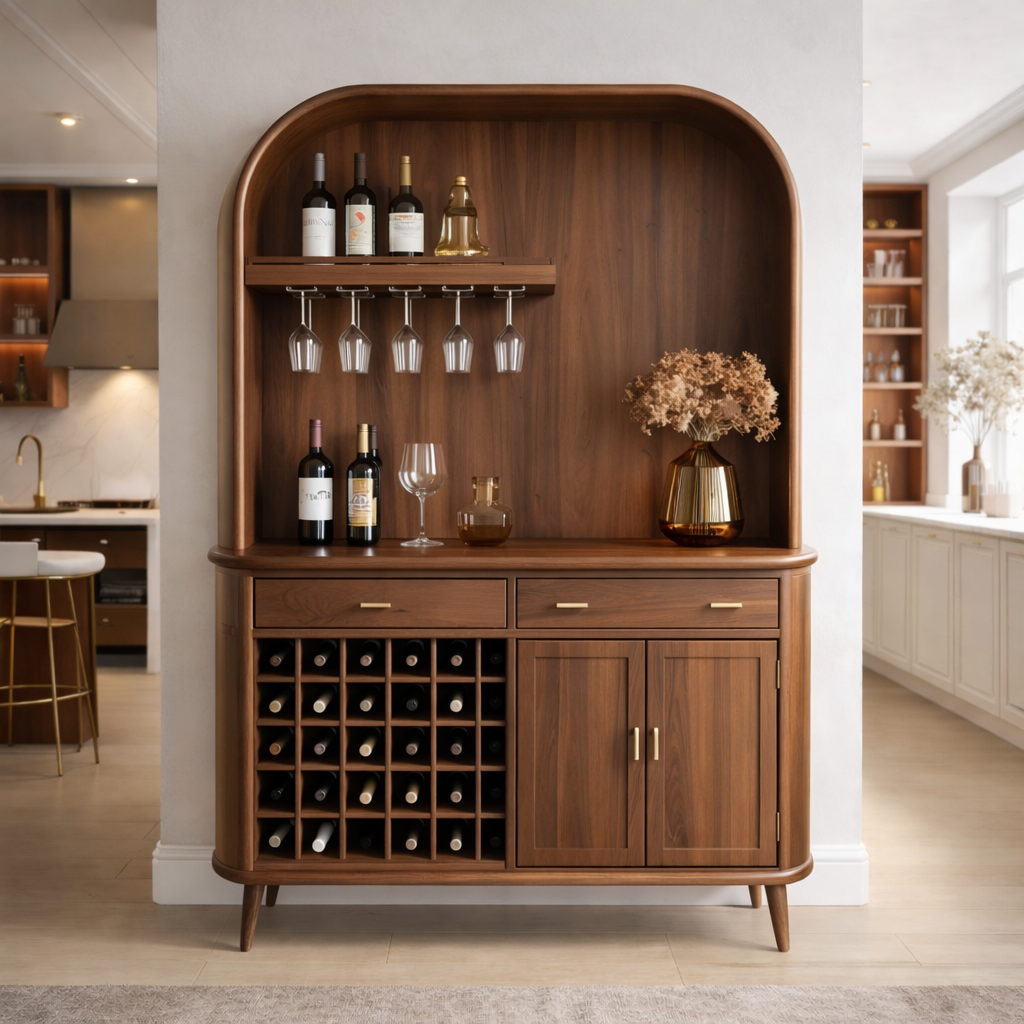 Solid Wood Bar Cabinet with Wine Rack and Curved Open Shelf Storage
