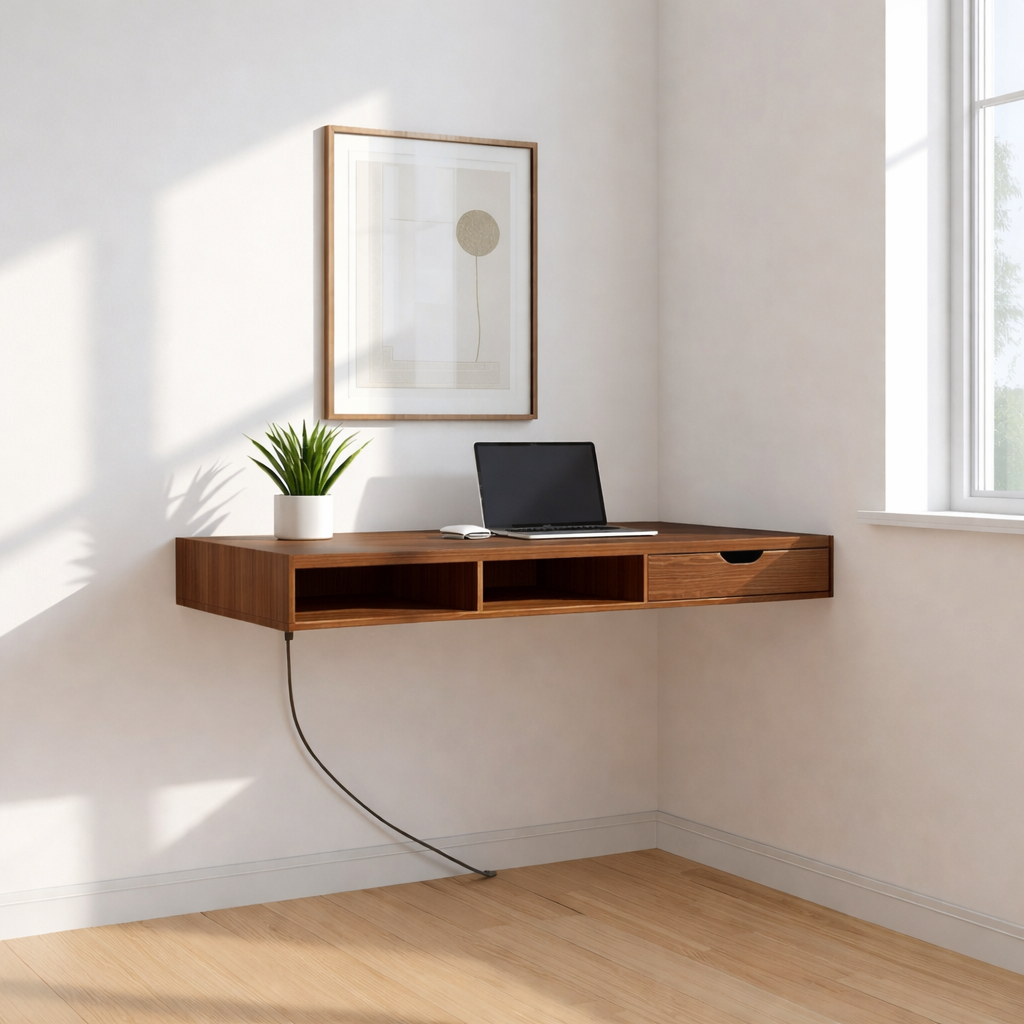 Floating Corner Desk – Minimal Walnut Wall Workstation