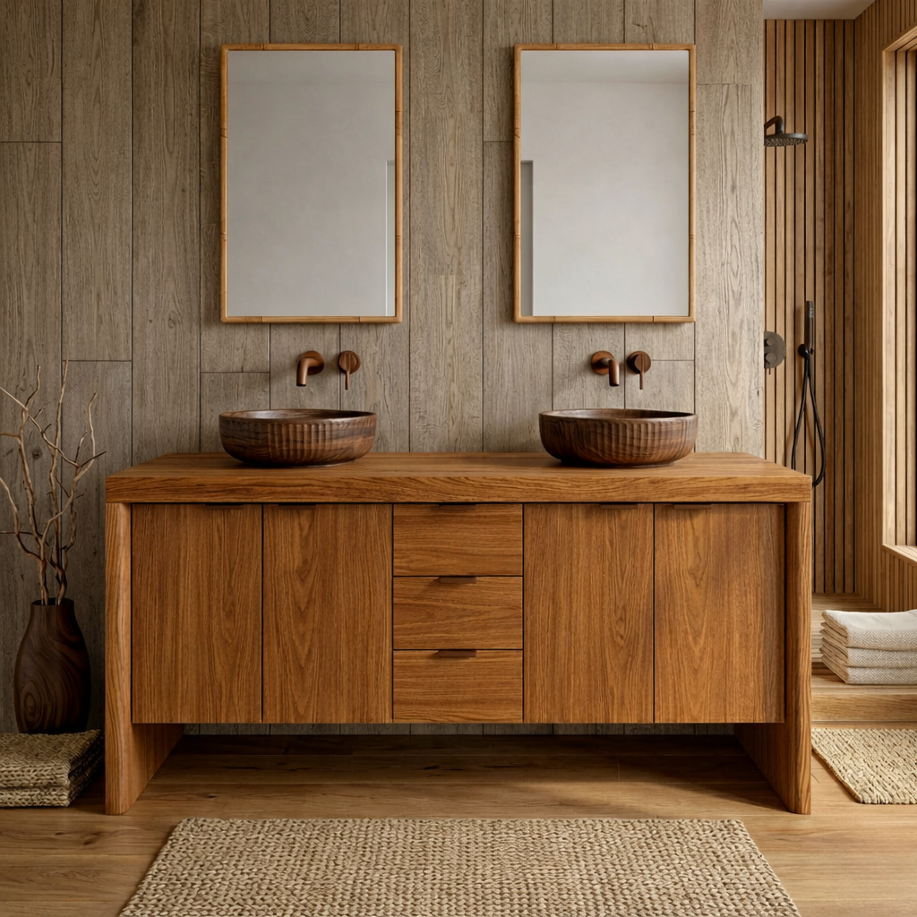 Modern Double Wood Bathroom Vanity | Natural Floating Sink Base