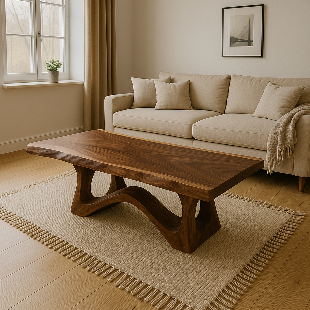 Modern Wooden Coffee Table with Curved Base – Solid Wood Living Room Center Table