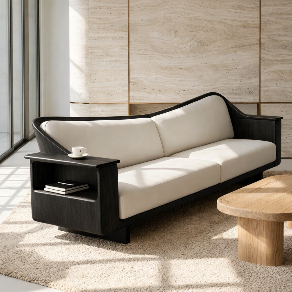 Modern Curved Solid Wood Sofa with Built-in Side Shelf White Leather Couch