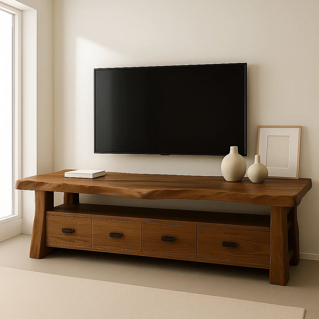 Solid Wood TV Stand with Drawers and Live Edge Top Rustic Entertainment Center