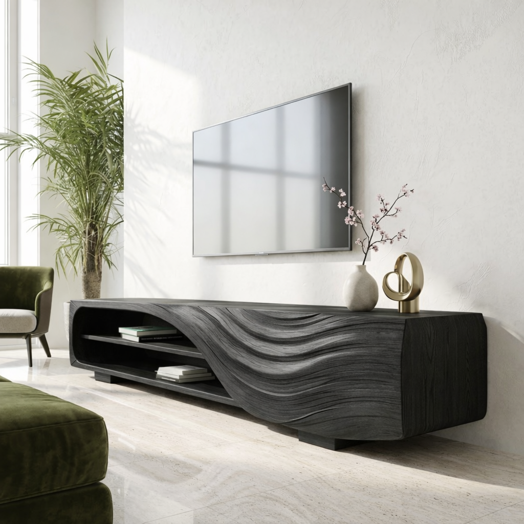 Solid Wood TV Stand with Curved Wave Design, Modern Media Console Cabinet