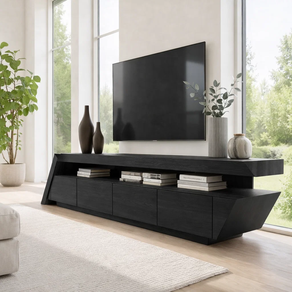 Solid Wood Media Console with Angled Design & Storage, Modern TV Stand