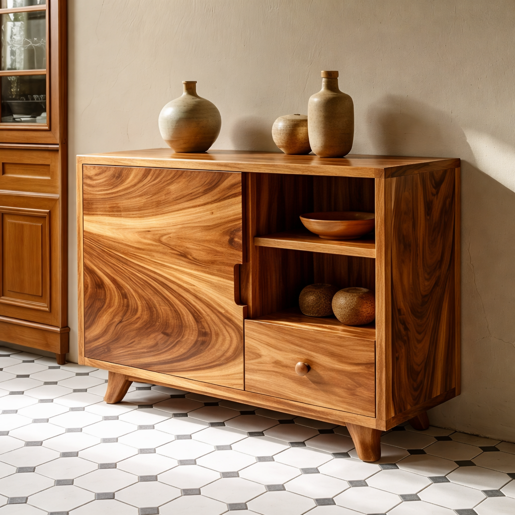 Solid Wood Console Cabinet | Mid-Century Modern with Open Shelving and Drawers