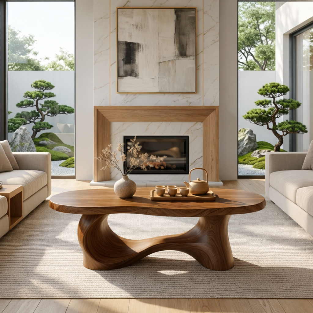 Unique Sculptural Coffee Table, Handcrafted Natural Wood Design for Living Room