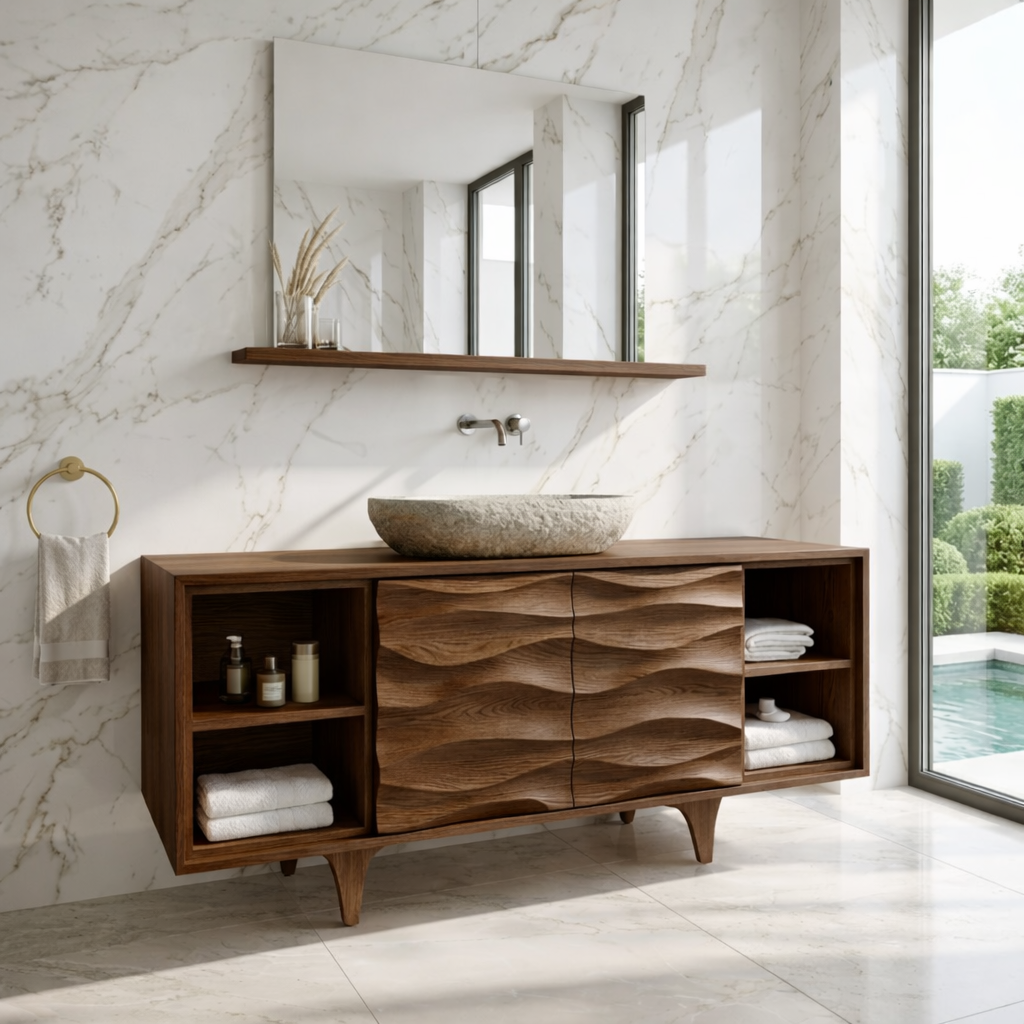 Modern Solid Wood Bathroom Vanity with Textured Doors and Open Shelf Storage