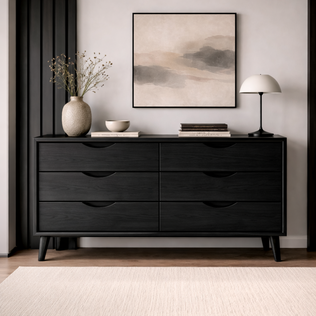 Solid Wood Console Cabinet with 6 Drawers – Modern Mid-Century Storage Sideboard