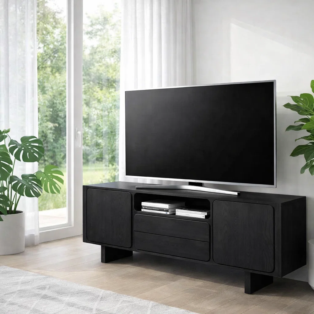 Solid Wood TV Console with Cabinets & Drawer – Modern Media Stand