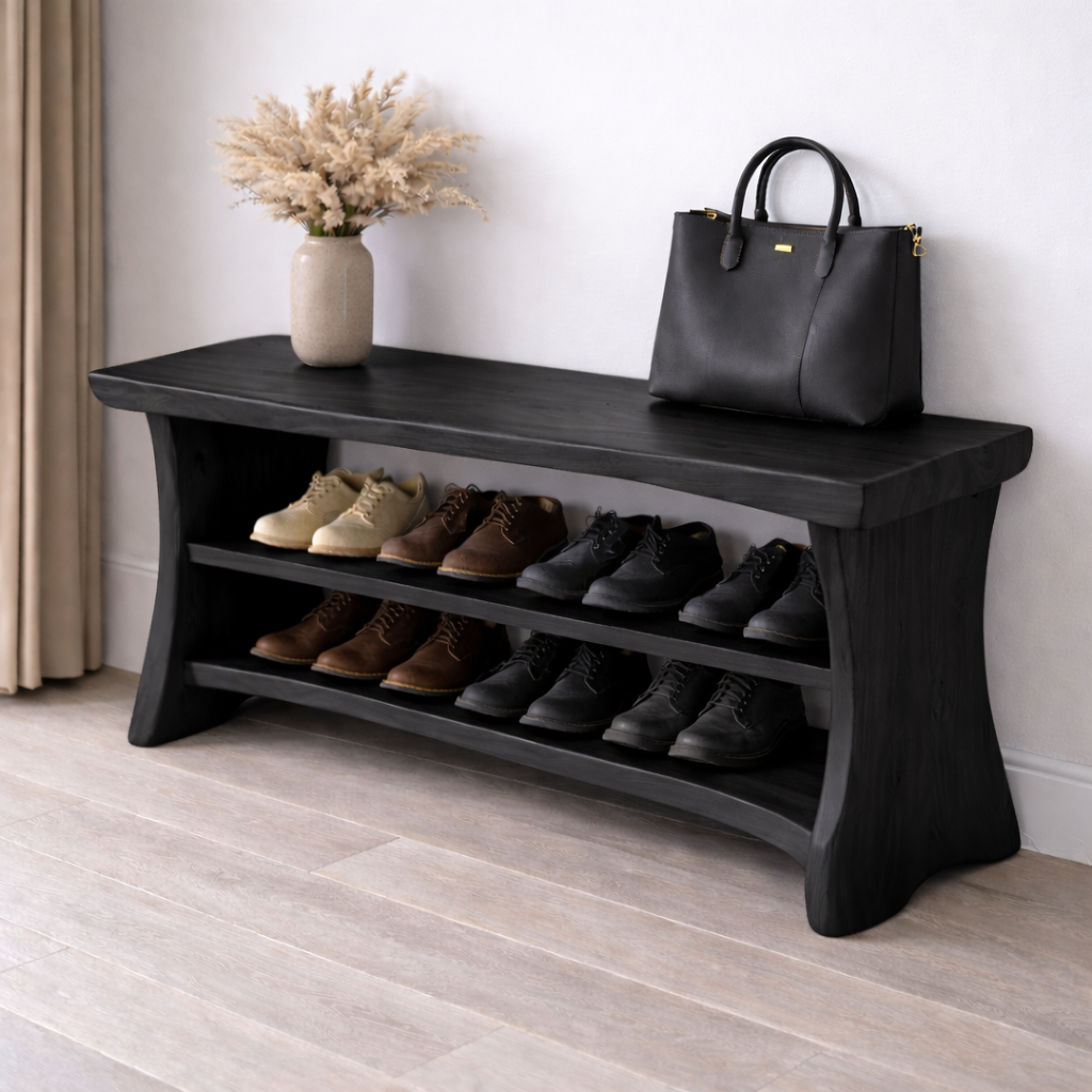 Solid Wood Entryway Bench with Shoe Storage Shelf – Natural Wood Shoe Rack Bench