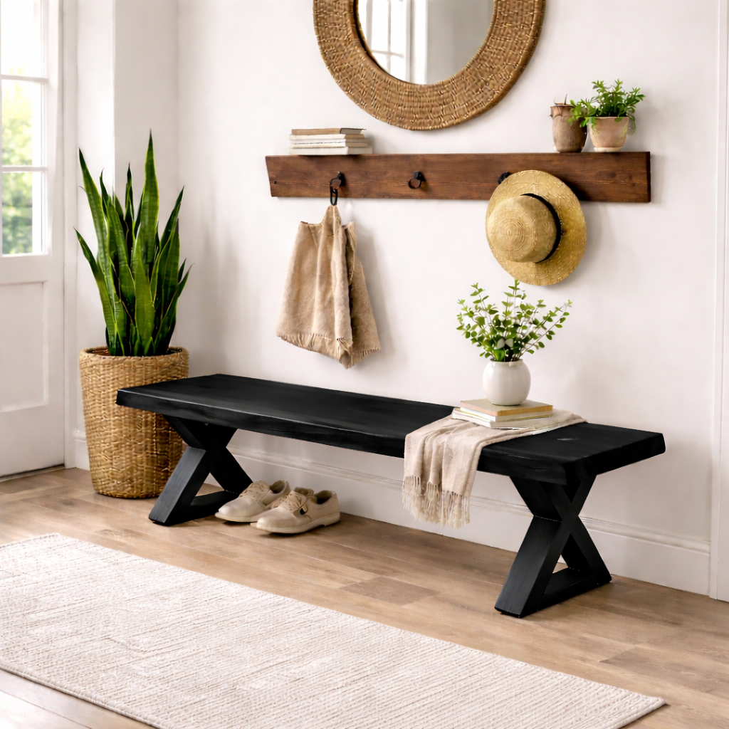 Solid Wood Entryway Bench with X-Leg Design | Rustic & Modern Hallway Seating