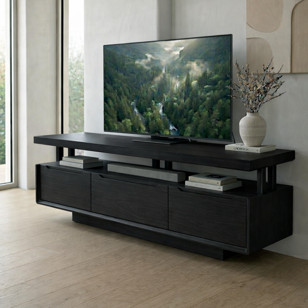 Solid Wood Floating Media Console – Modern TV Stand with Open Shelf Storage