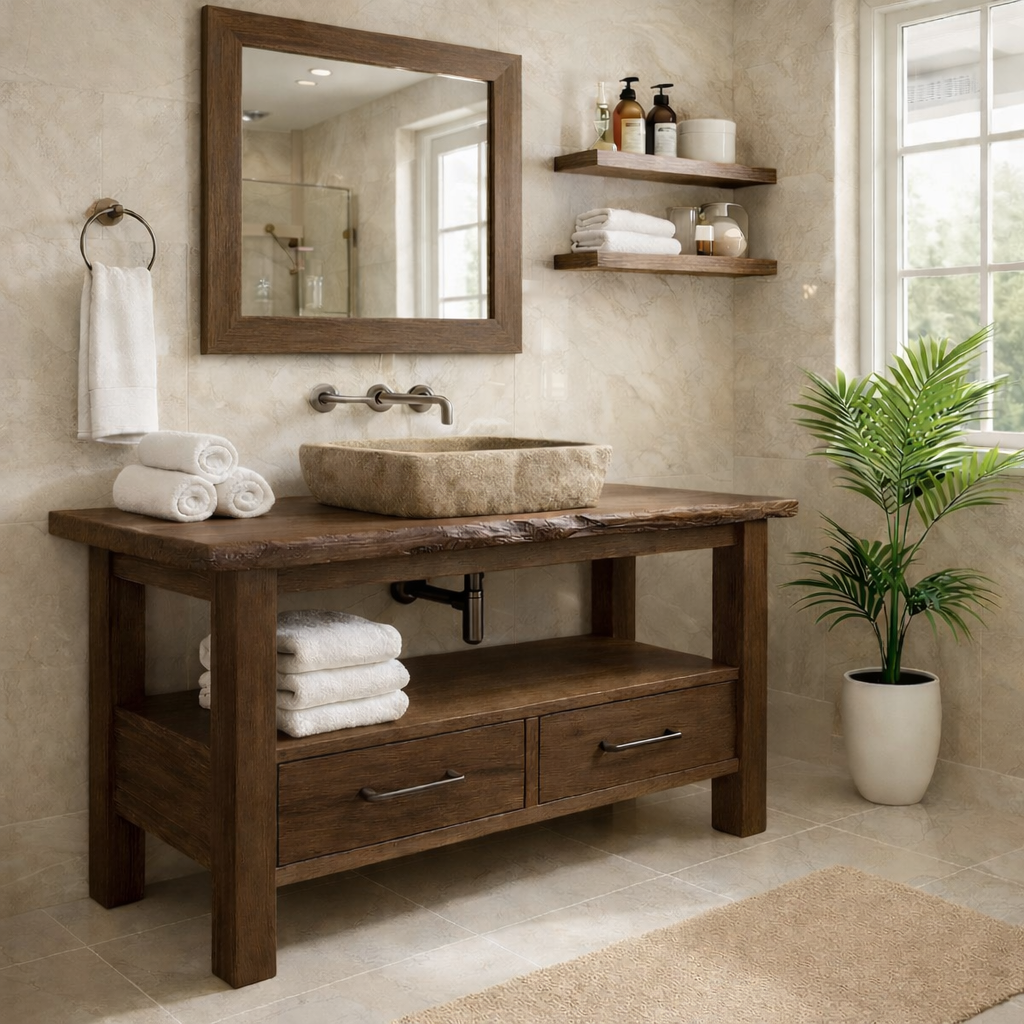 Rustic Solid Wood Bathroom Vanity Cabinet With Drawers And Storage Shelf