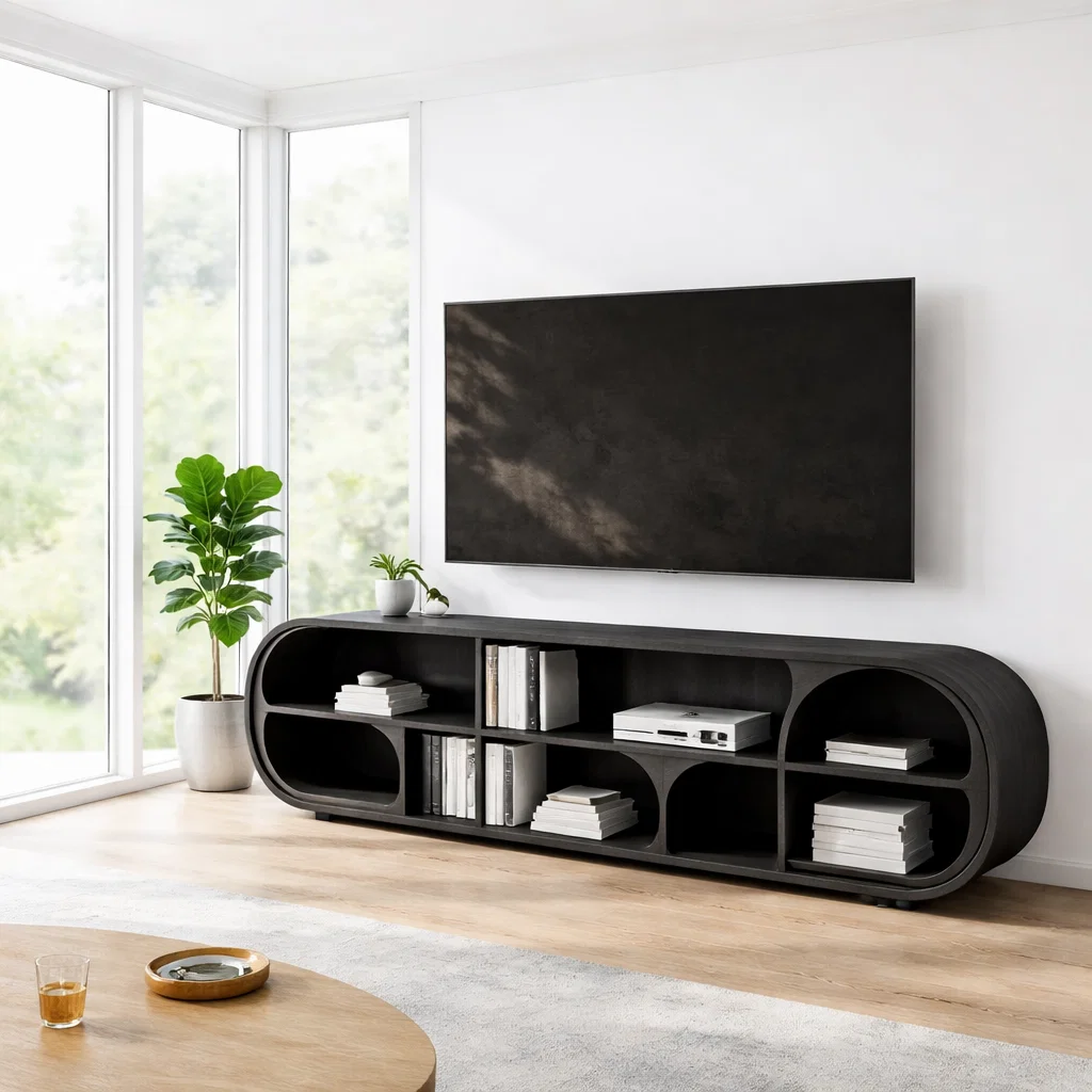 Solid Wood TV Console with Curved Design – Modern Media Unit with Open Storage