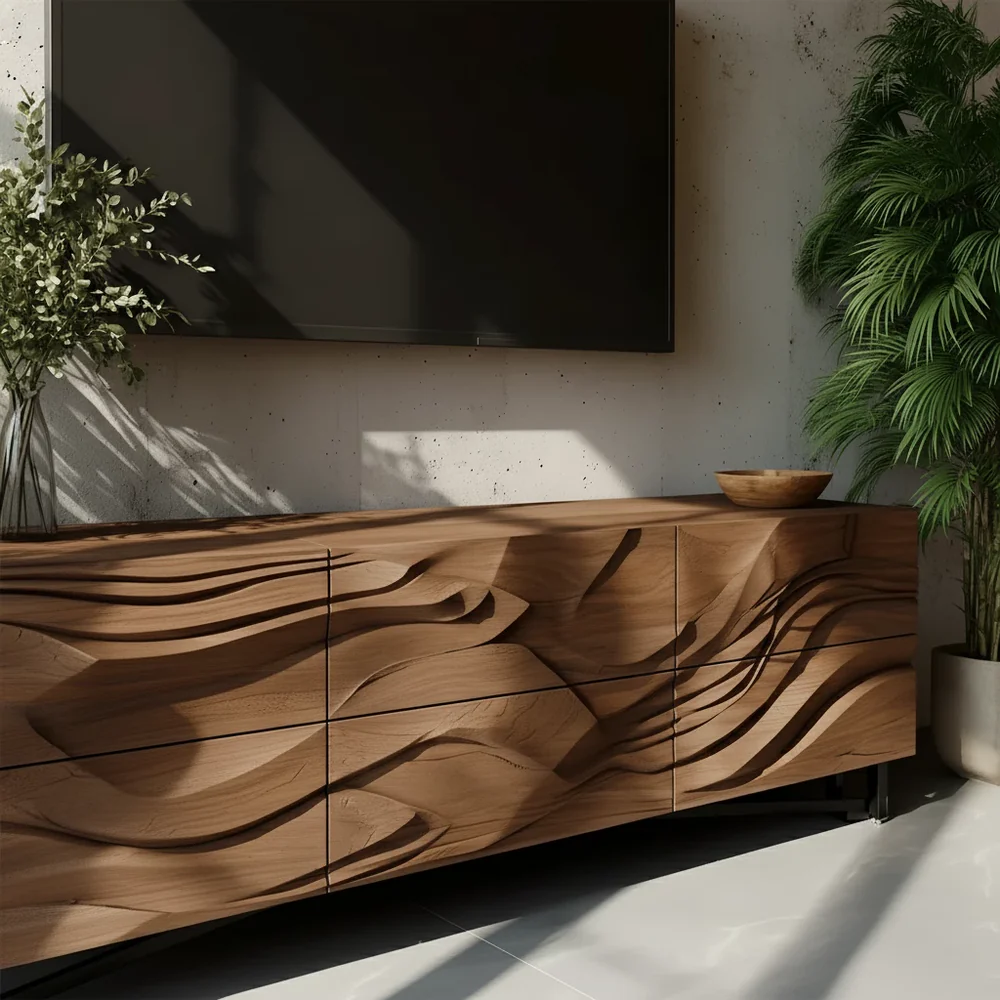 Solid Wood TV Stand Modern Walnut Media Console with Sculpted Wave Doors