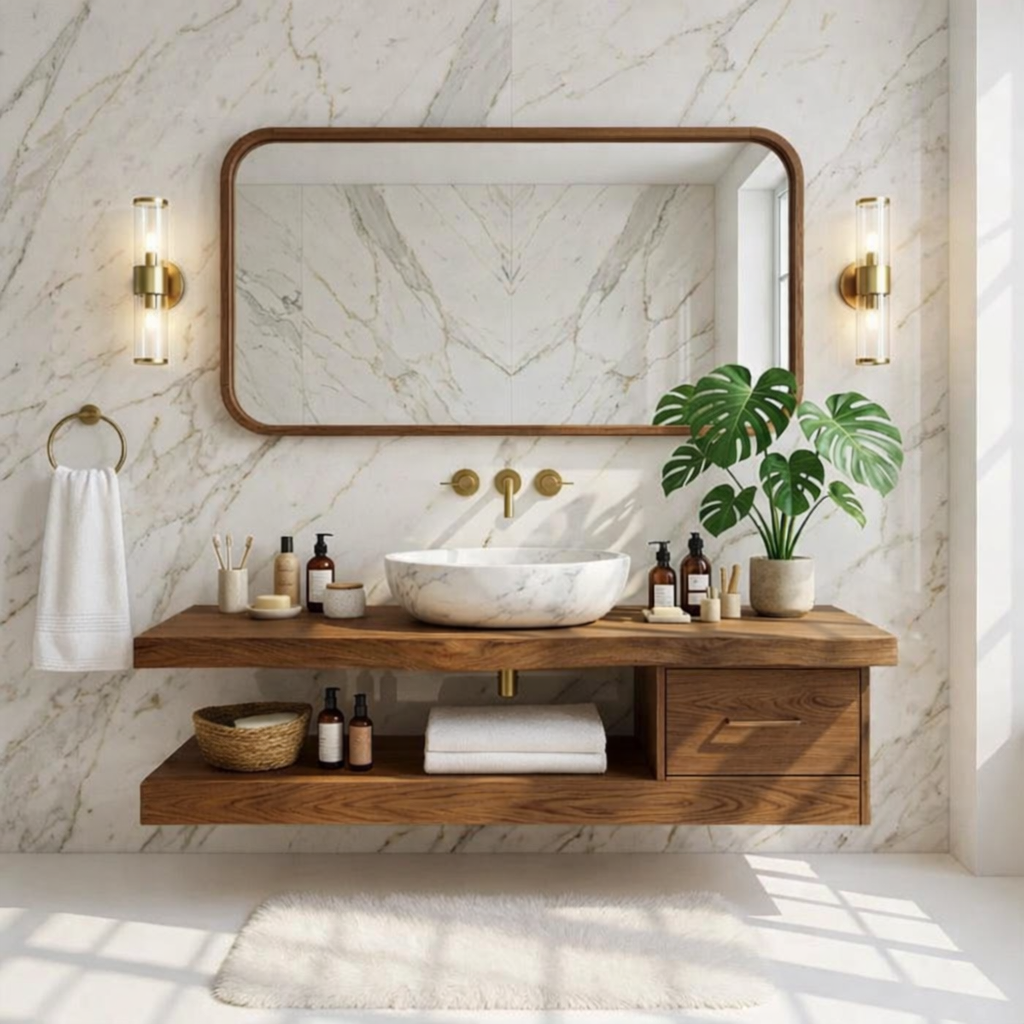 Floating Vanity with Natural Wood and Marble Sink, Modern Bathroom Design