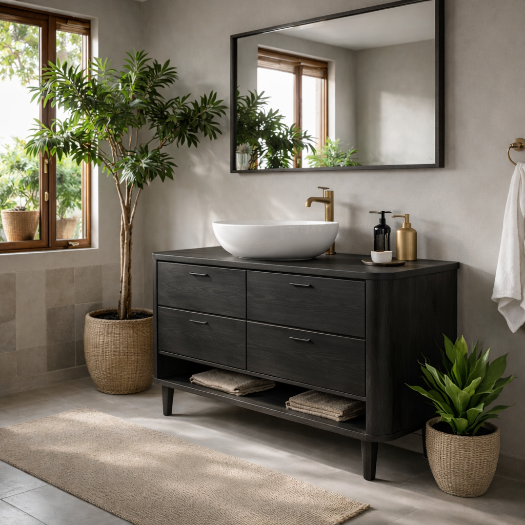 Solid Wood Bathroom Vanity with 4 Drawers and Open Shelf Storage for Modern Bathroom