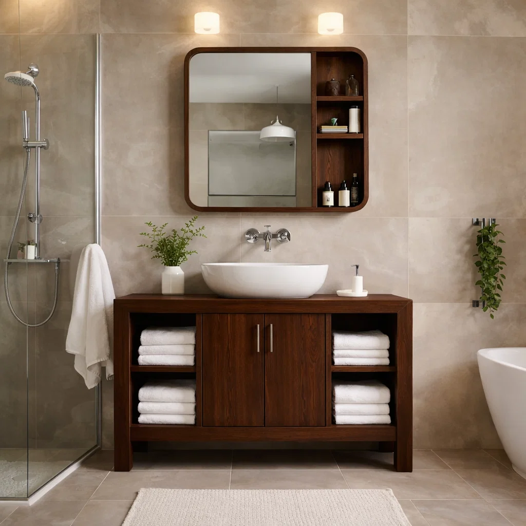 Modern Solid Wood Bathroom Vanity Cabinet with Open Shelves & Double Doors