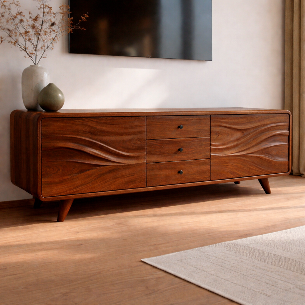 Solid Wood Wave Front TV Cabinet with Drawers – Modern Low Media Console Stand