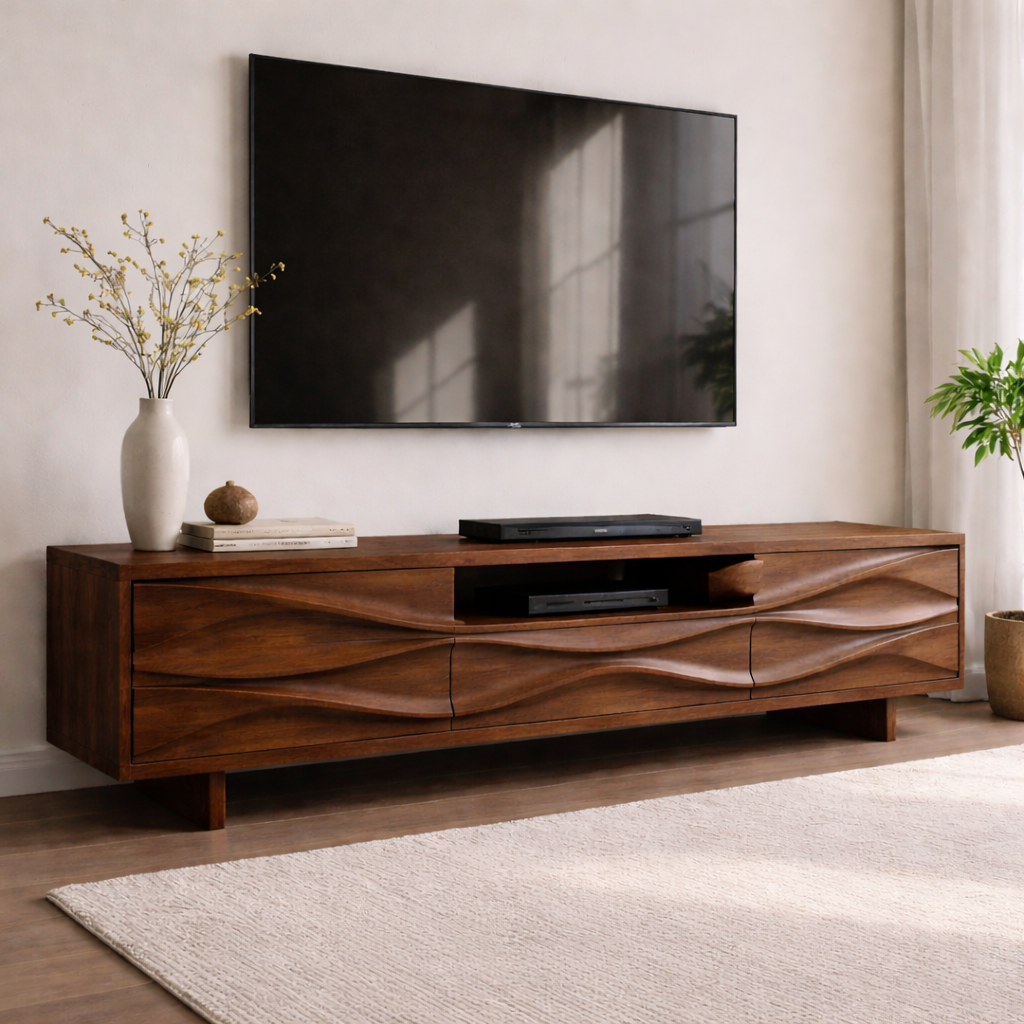 Solid Wood TV Console with Wave Front Design and Media Storage