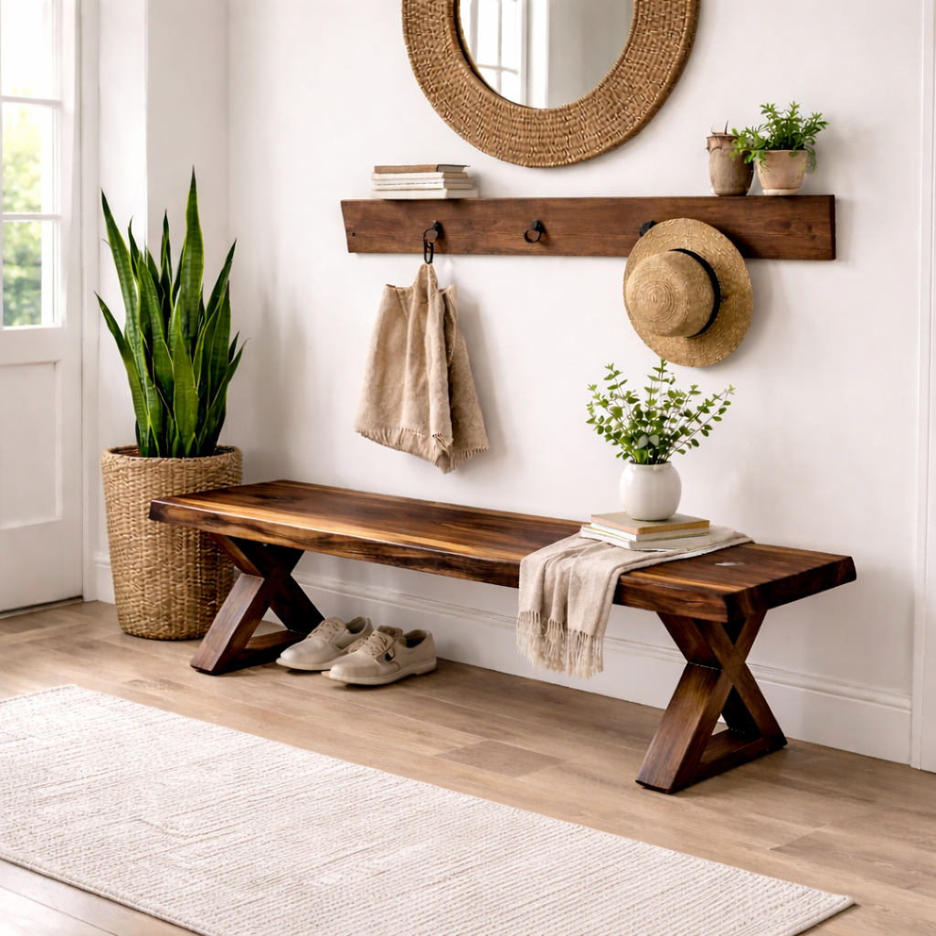 Solid Wood Entryway Bench with X-Leg Design | Rustic & Modern Hallway Seating