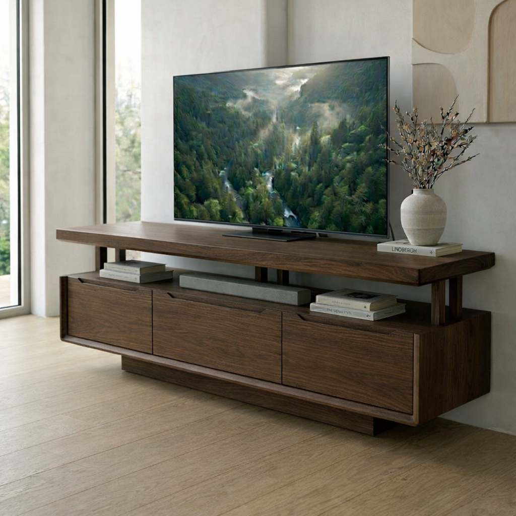 Solid Wood Floating Media Console – Modern TV Stand with Open Shelf Storage