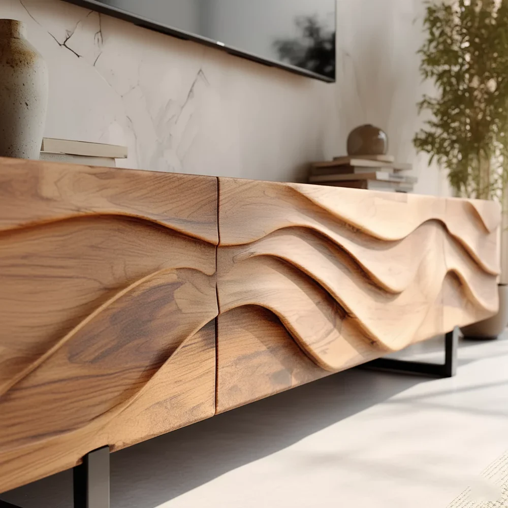 Solid Wood TV Stand Modern Floating Media Console with Sculpted Wave Front