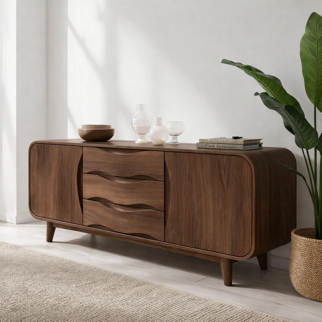 Solid Wood Console Table with Wave Drawers – Modern Entryway Storage Cabinet