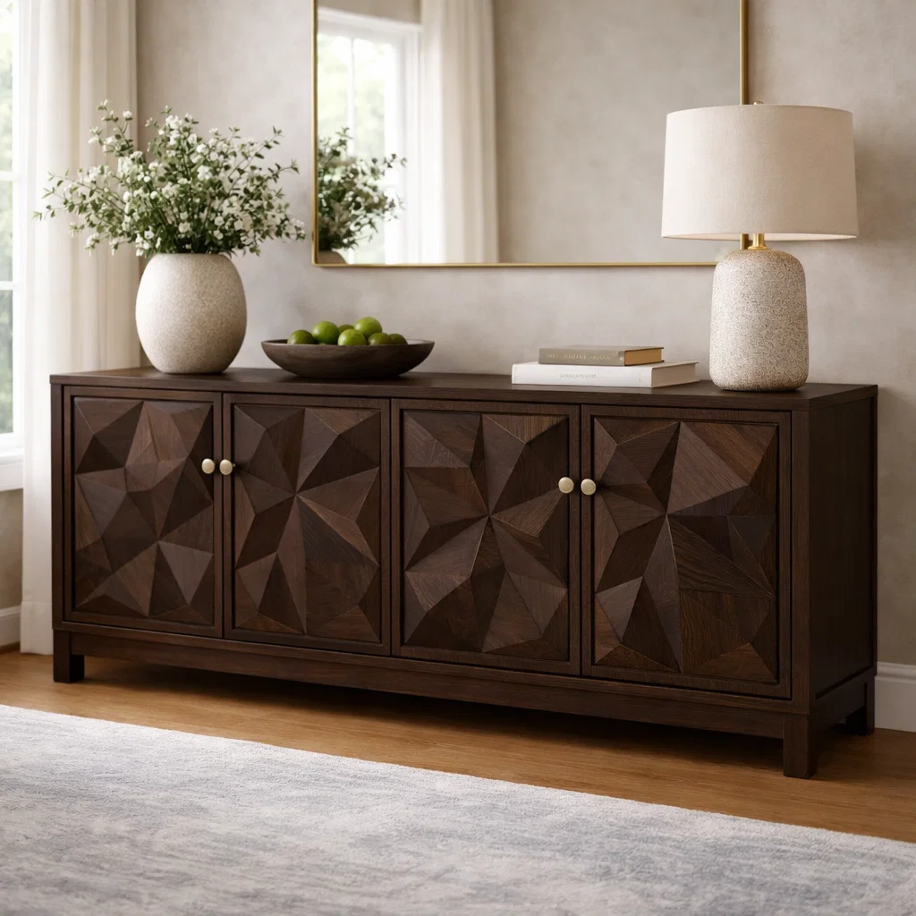 Solid Wood Console Cabinet with Geometric Carved Doors