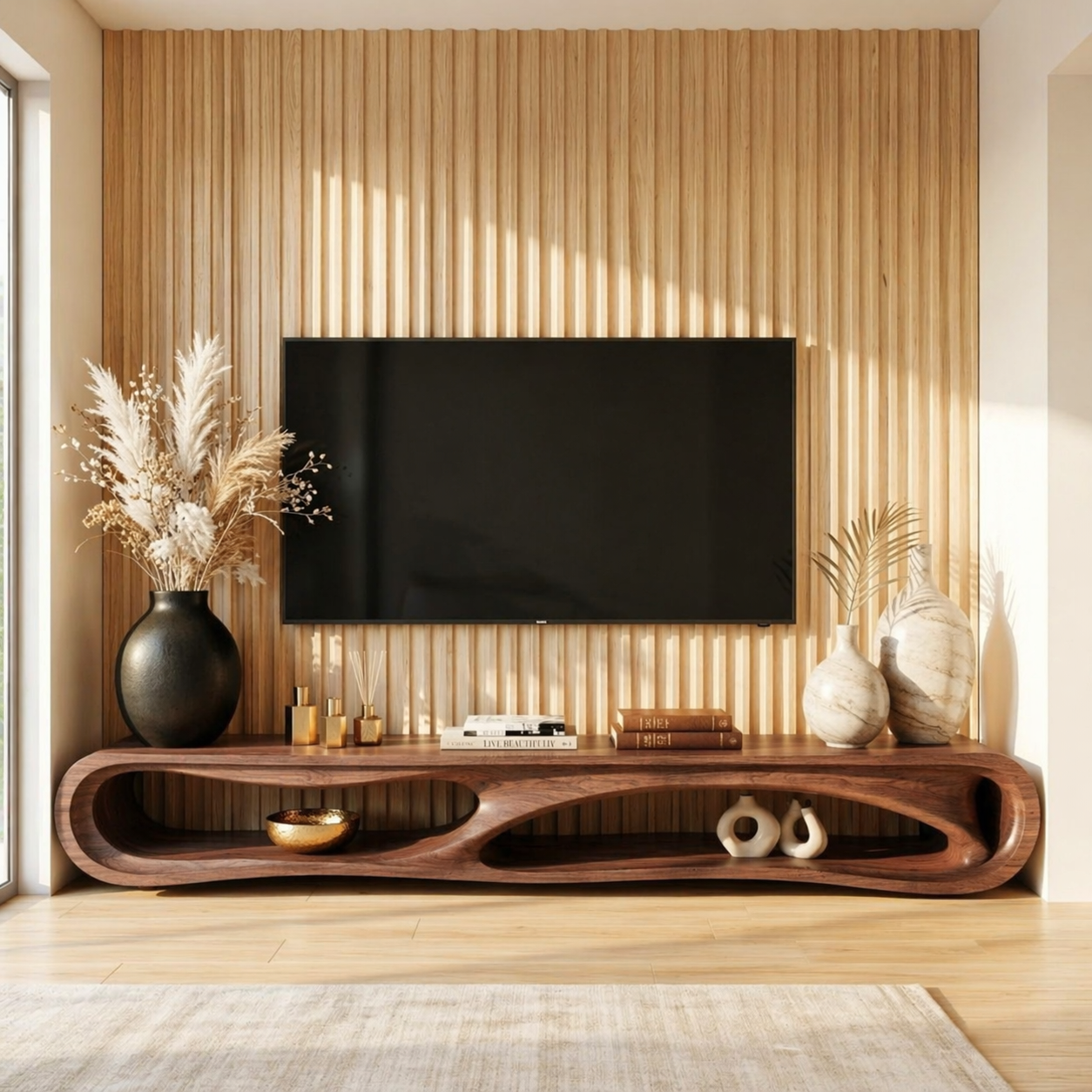Organic Curved Entertainment Console, Sculptural TV Stand for Luxury Living Rooms