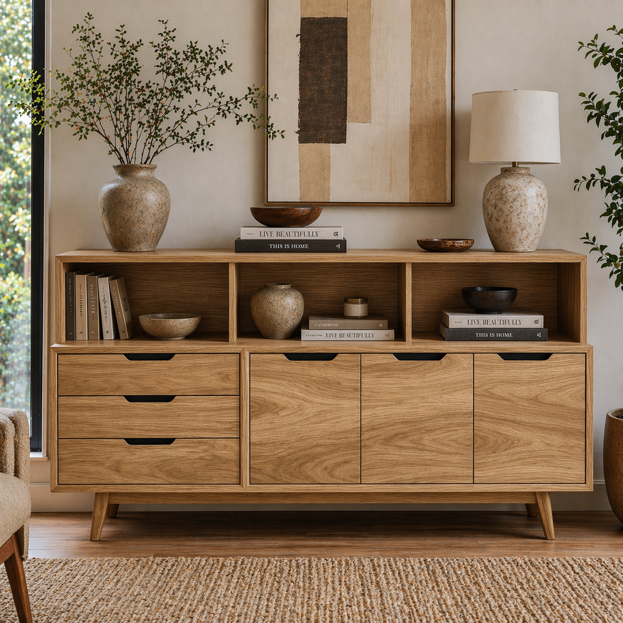 Mid Century Solid Wood Console Cabinet with Drawers & Open Shelf Storage