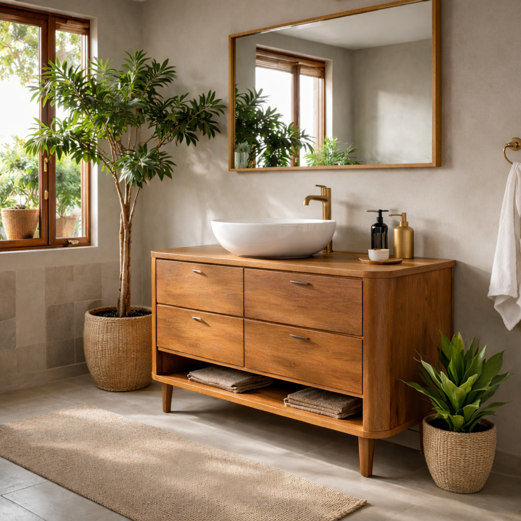 Solid Wood Bathroom Vanity with 4 Drawers and Open Shelf Storage for Modern Bathroom