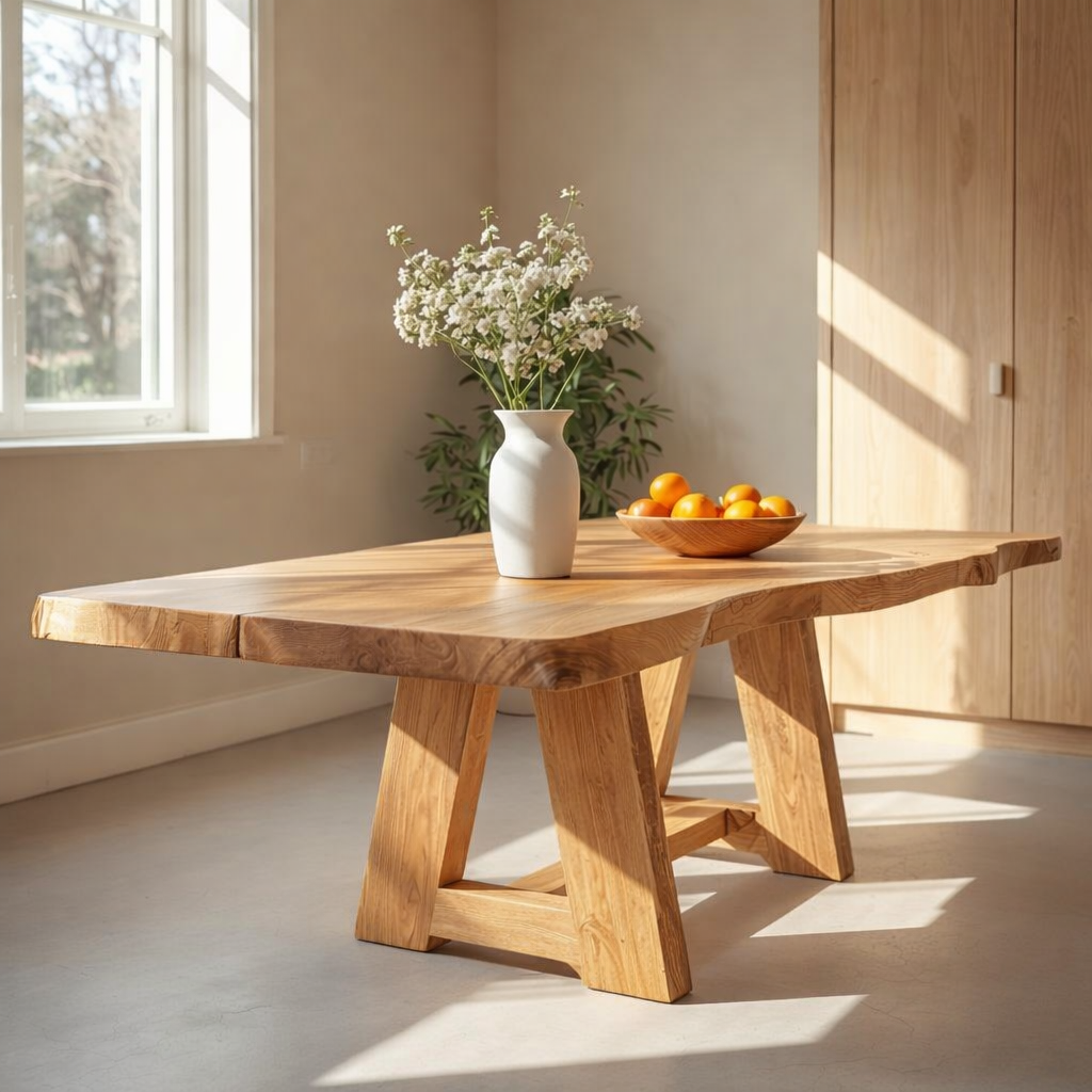Handcrafted Live Edge Solid Wood Dining Table – Natural Slab Kitchen Table with Modern Base