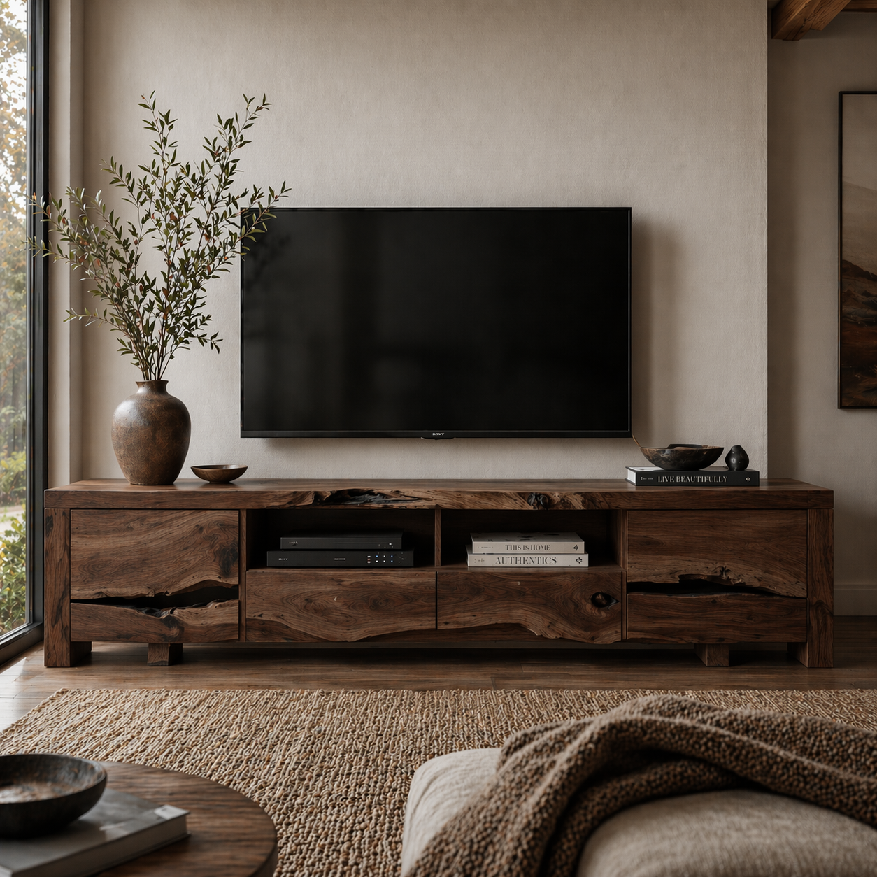 Solid Wood Media Console with Live Edge, Rustic Modern TV Stand with Storage Drawers