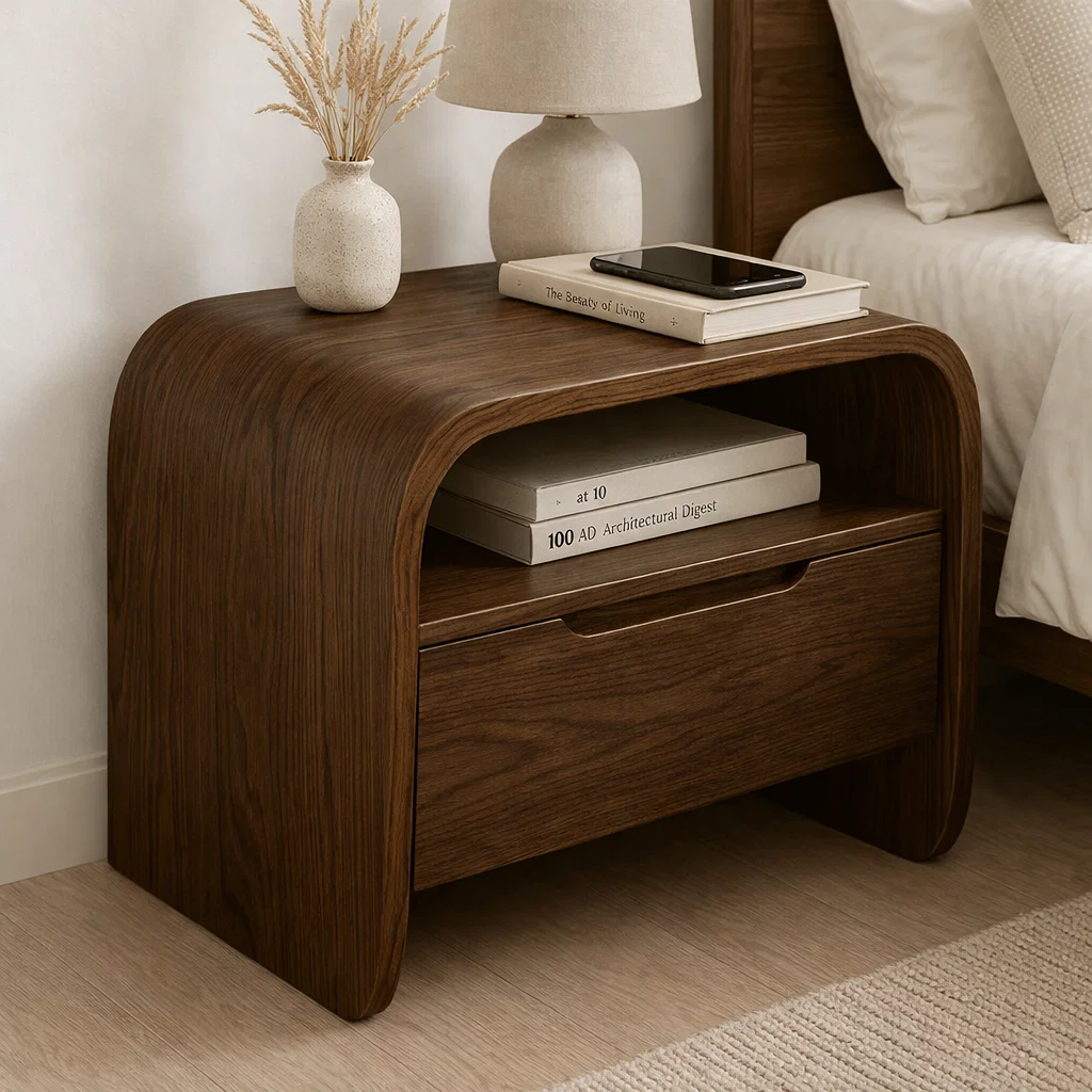 Curved Solid Wood End Table with Drawer and Shelf – Modern Bedside Nightstand