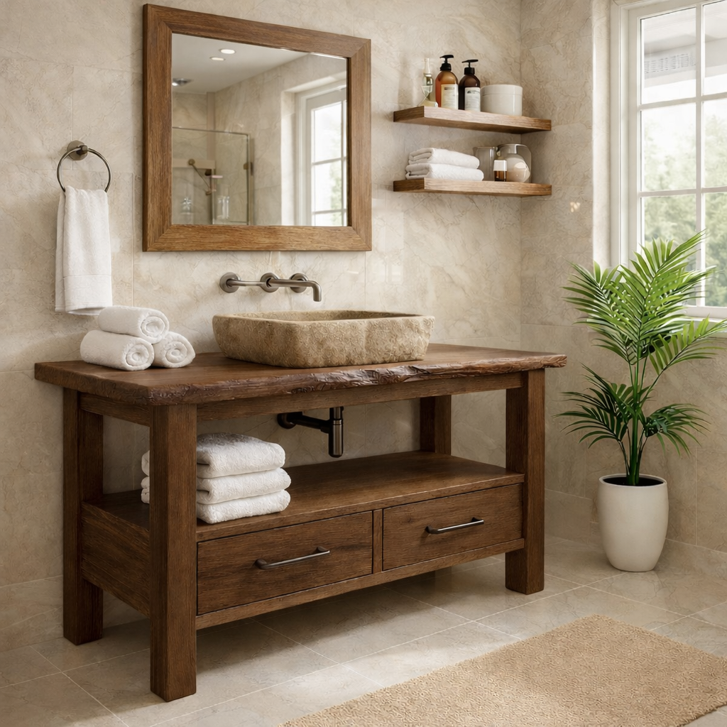 Rustic Solid Wood Bathroom Vanity Cabinet With Drawers And Storage Shelf