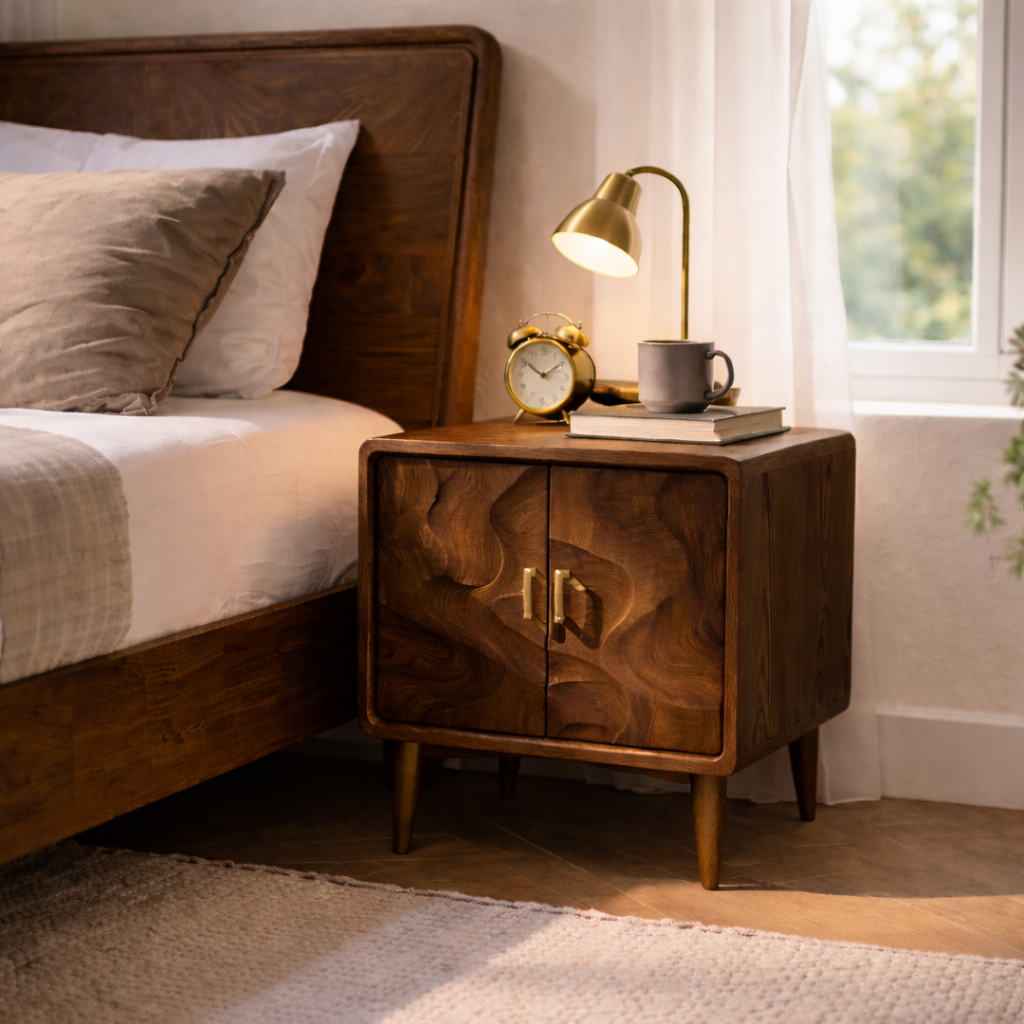 Solid Wood Nightstand with Cabinet Doors – Mid Century Modern Bedside Table