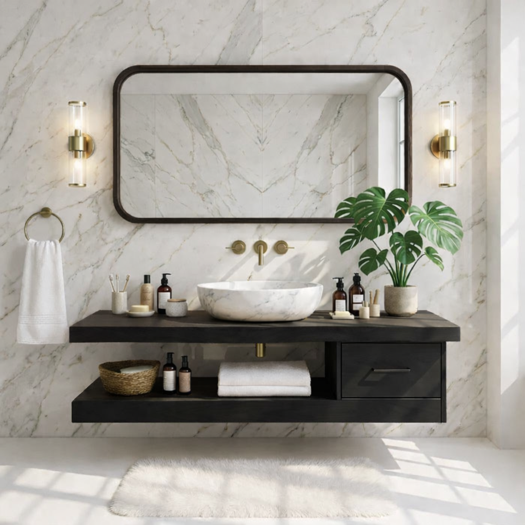 Floating Vanity with Natural Wood and Marble Sink, Modern Bathroom Design