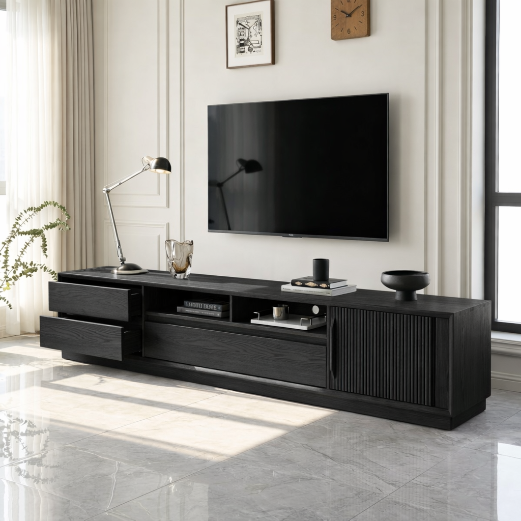 Solid Wood TV Stand with Drawers and Slatted Door, Modern Media Console