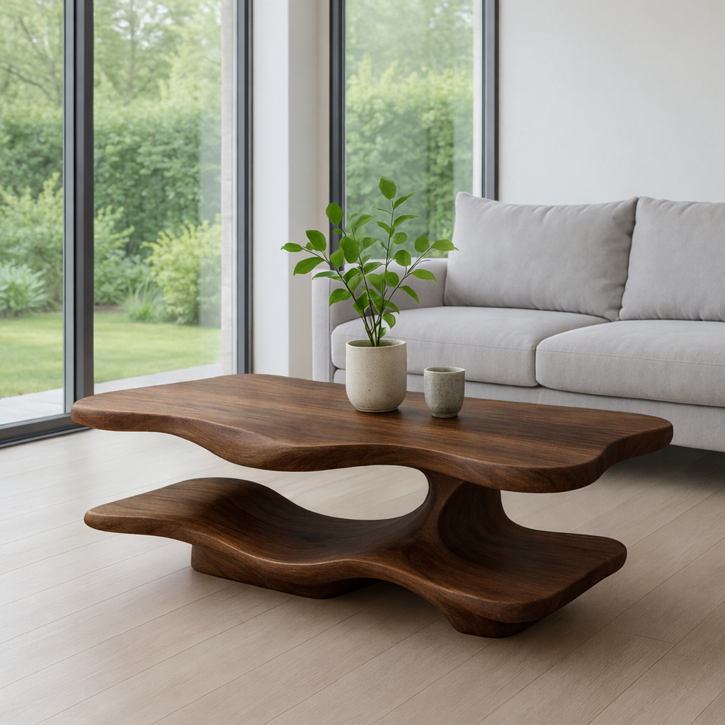 Solid Wood Coffee Table with Sculptural Curved Base and Organic Shape for Living Room