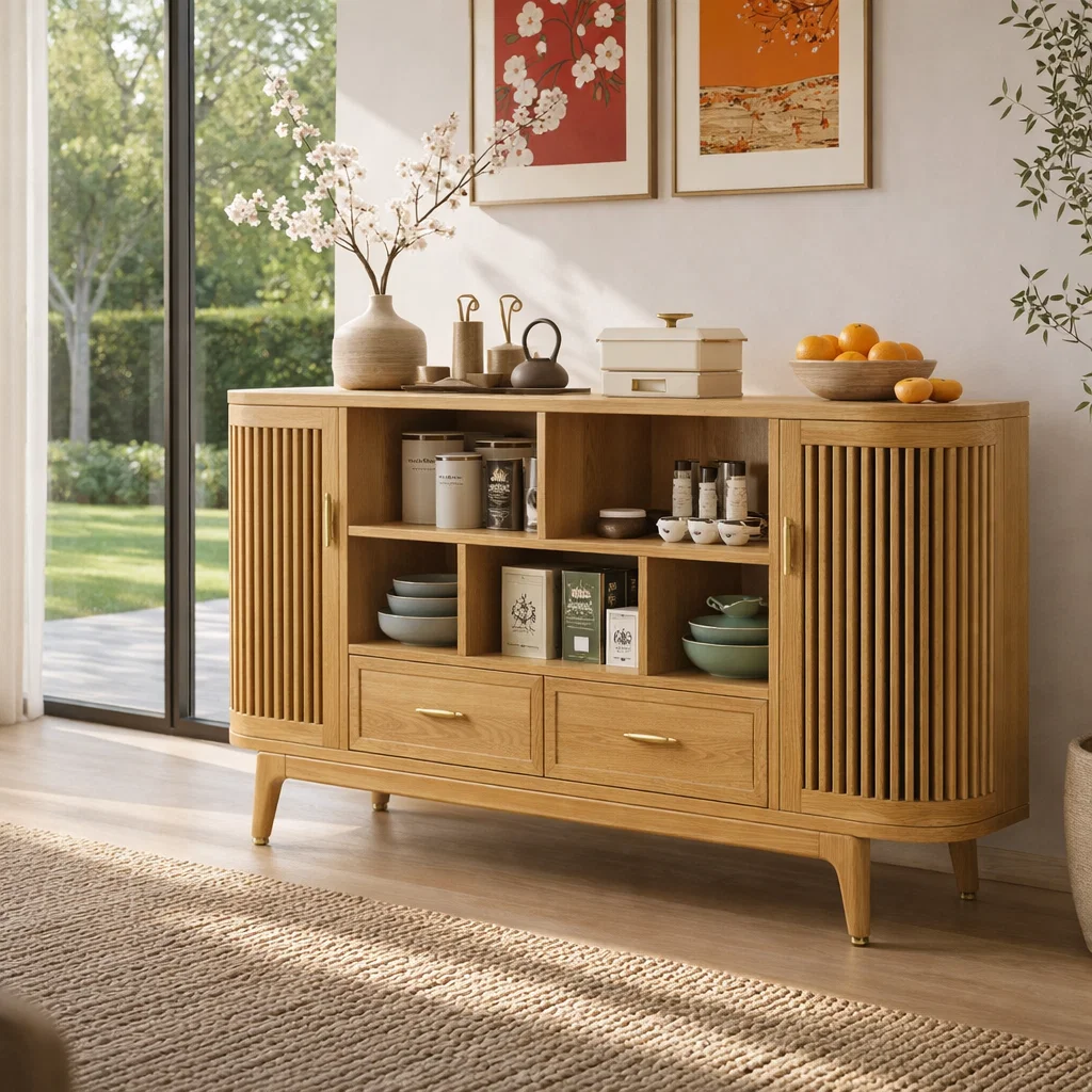 Mid Century Solid Wood Console Sideboard with Slatted Doors – Walnut Storage Cabinet