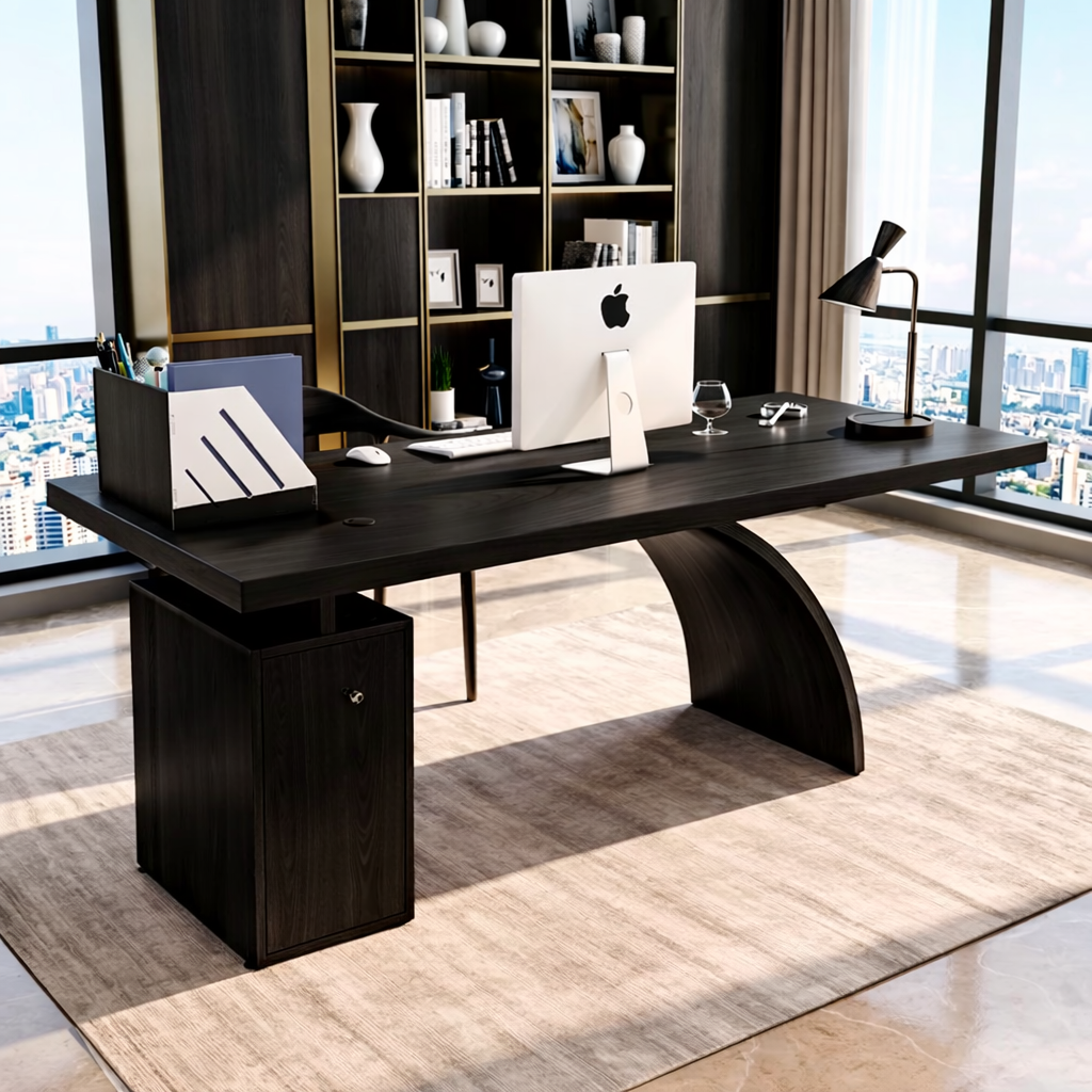 Modern Executive Desk with Curved Base, Large Minimalist Home Office Writing Table