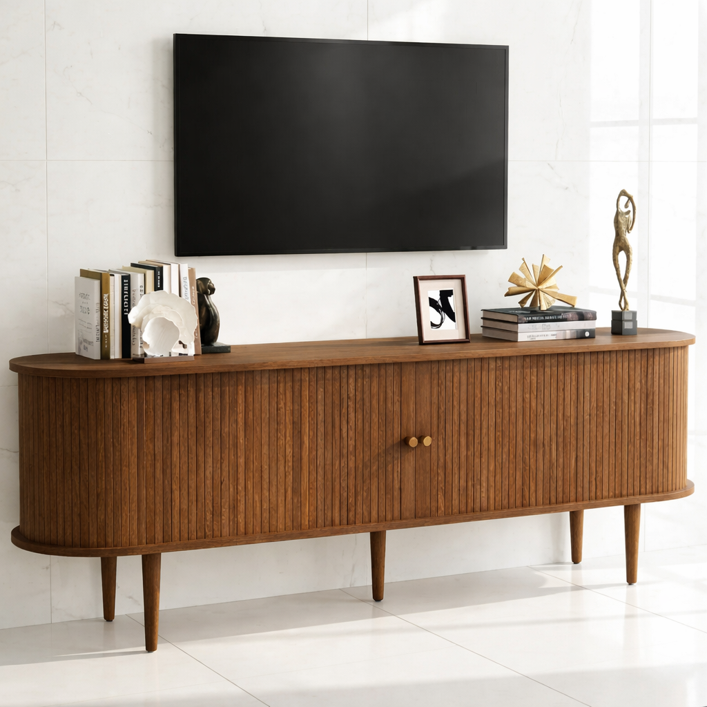 Fluted Solid Wood TV Stand Curved Edge Media Console Mid Century Style Storage