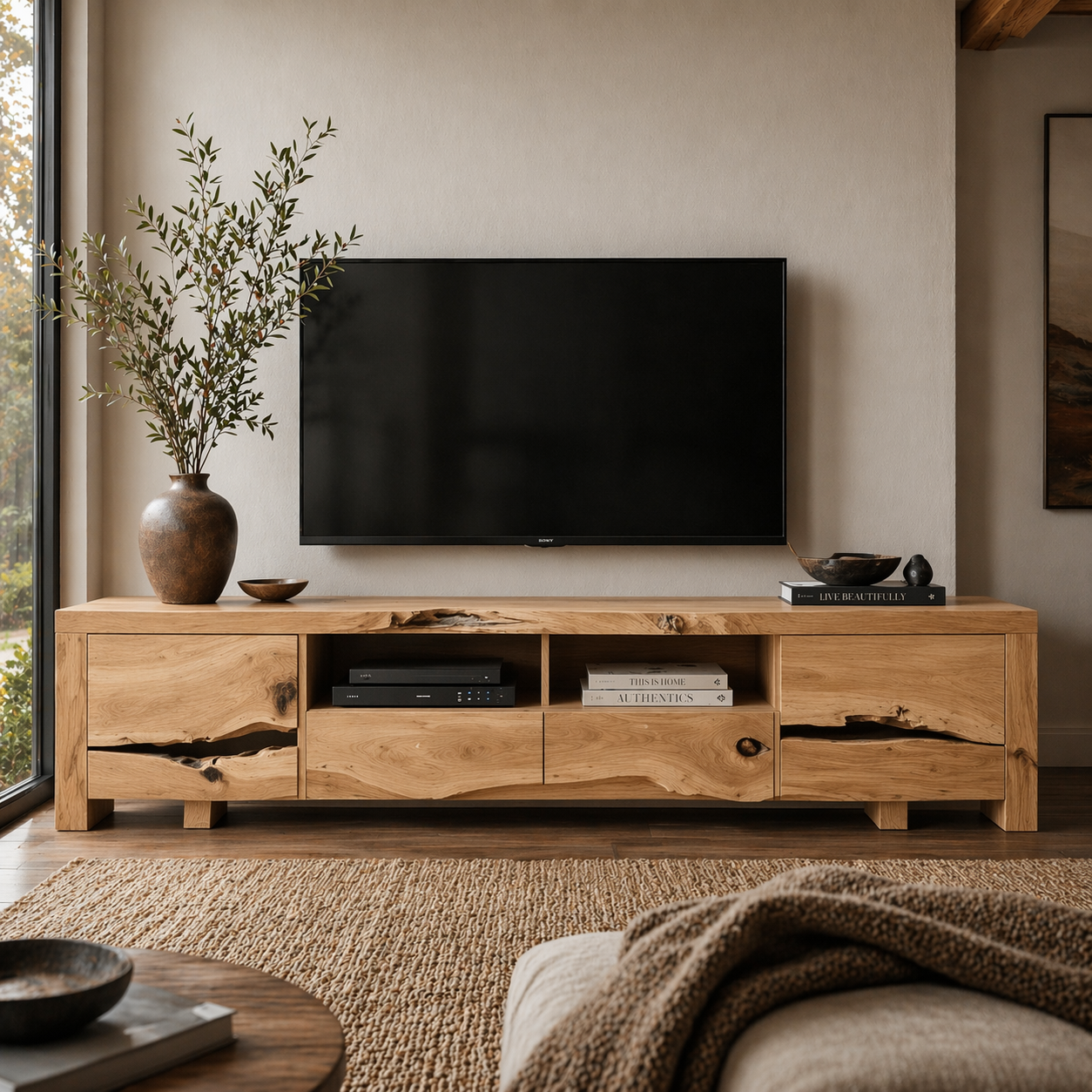 Solid Wood Media Console with Live Edge, Rustic Modern TV Stand with Storage Drawers